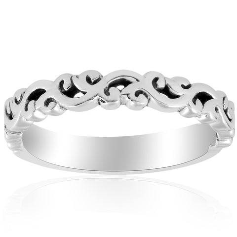 14k White gold Hand Carved Womens Wedding Band Filigree Vintage Stackable Ring