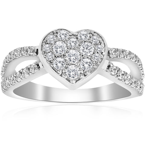 3/4 ct Heart Shape Diamond Halo Pave Engagement Ring White Gold Split Shank