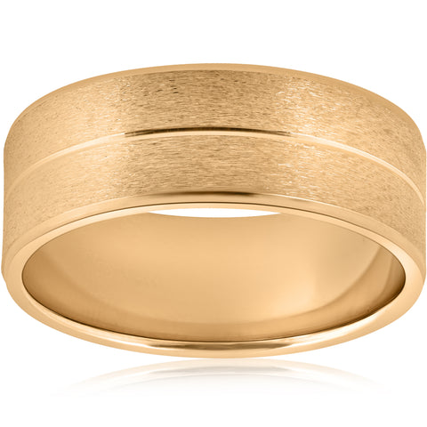 8mm Wide Mens Solid 14k Yellow Gold Brushed Wedding Ring