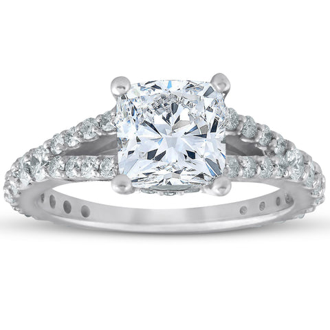 G/SI 2 1/2Ct Cushion Diamond Engagement Ring W/ Side Stones White Gold Enhanced