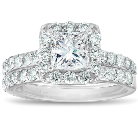 G/SI 2.50Ct Princess Cut Diamond Halo Engageent Ring Set 14k White Gold Enhanced