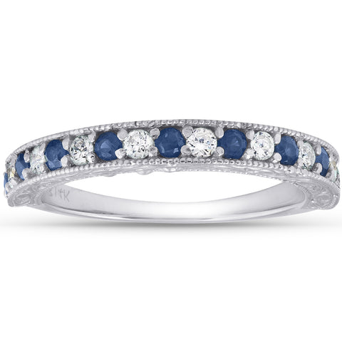 1/2Ct Blue Sapphire & Diamond Wedding Ring Anniversary Stackable Band White Gold