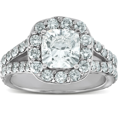 H/SI 3 Ct Cushion Diamond Engagement Halo Split Shank Ring 14k White Gold Enhanced