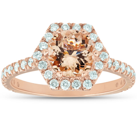 1 5/8 Ct TW Morganite Hexagonal Halo Diamond Ring 14k Rose Gold