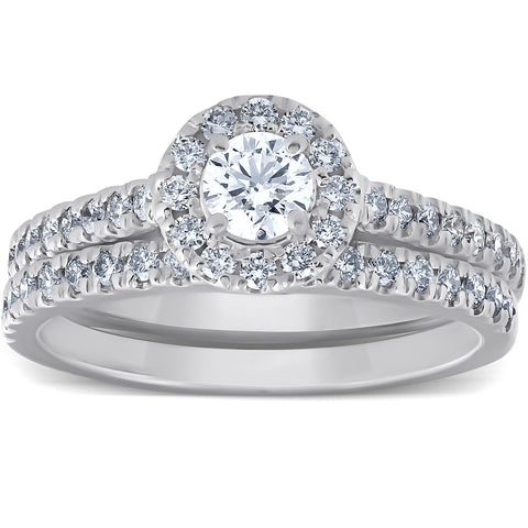 G/SI 1 Ct Diamond Engagement Halo Wedding Ring Set White Gold Lab Grown Ex3