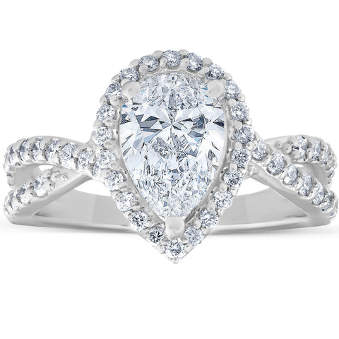 H/SI 1.60Ct Pear Shape Halo Diamond Twist Engagement Ring Enhanced White Gold