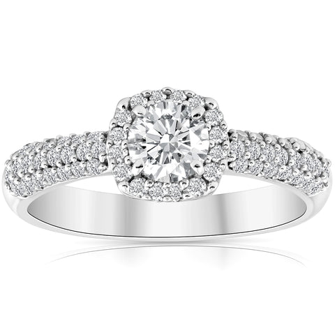 1ct Cushion Halo Round Diamond Pave Engagement Ring 10k White Gold
