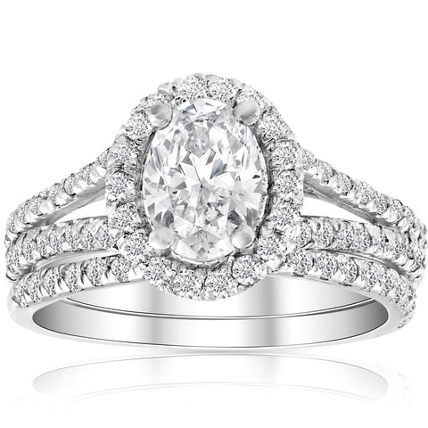 G/SI 1.75Ct Oval Diamond Halo Engagement Wedding Ring Set White Gold Enhanced