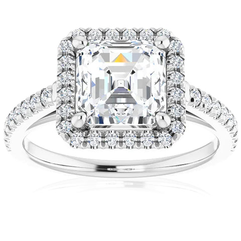 G/VS 2.50Ct Asscher Cut Moissanite & Diamond Halo Engagement Ring in 10k Gold