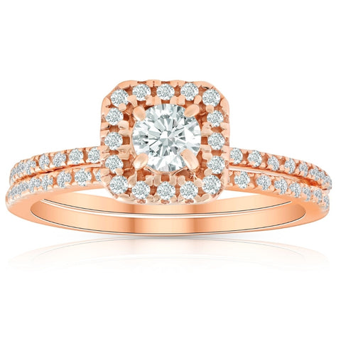 5/8 Ct TDW Diamond Cushion Halo Engagement Wedding Ring Set Rose Gold