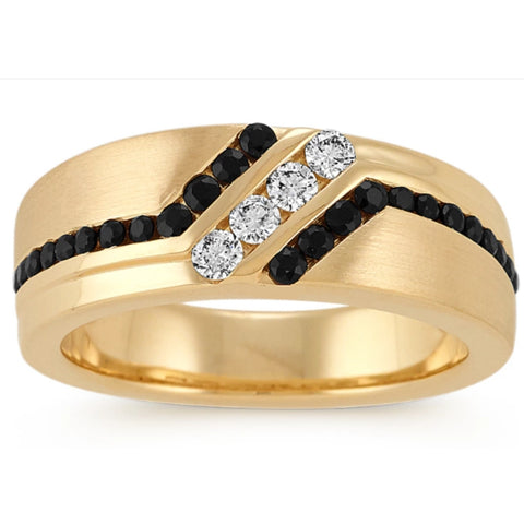 1 Ct TW Mens Black & White Diamond Wedding Band 10k Yellow Gold Ring