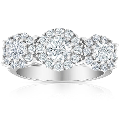 1 1/2 Ct Diamond Three Stone Halo Pave Engagement Ring White Gold