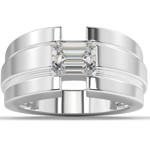 VS 2Ct Emerald Cut Moissanite Solitaire 12mm Mens Ring White Yellow or Rose Gold
