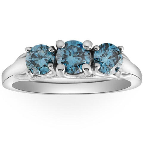 VS 1 Ct Blue Diamond 3-Stone Engagement Ring Lab Grown in White or Yellow Gold