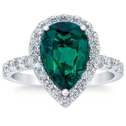 VS 5Ct Pear Shape Emerald & Lab Grown Diamond Halo Ring in 10k White Gold