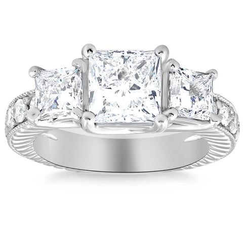 2 3/4CT Princess Cut Three Stone Vintage Diamond Engagement Ring Lab Grown 14k