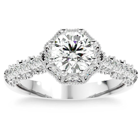 1 1/4Ct Vintage Diamond & Moissanite Halo Engagement Ring White Yellow Rose Gold