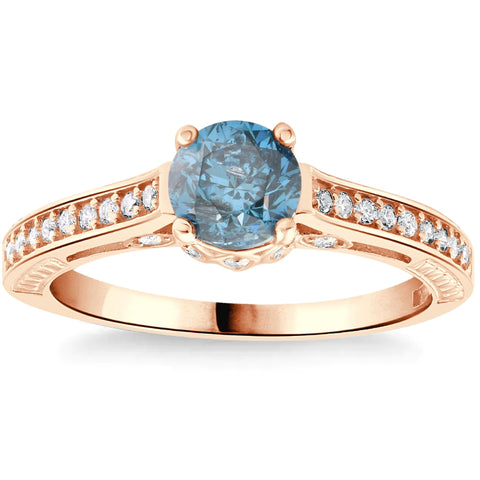 1 1/4Ct Blue Diamond Vintage Engagement Ring 14k Rose Gold
