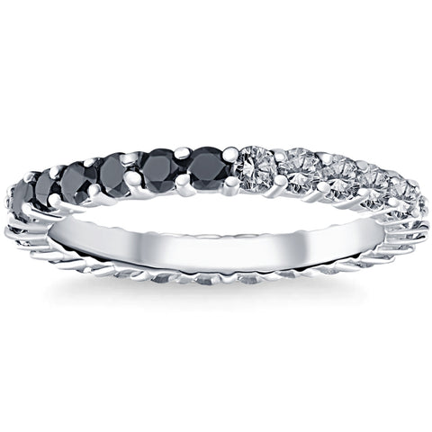 1 1/4Ct Black & White Diamond Eternity Stackable Wedding Ring 10k White Gold