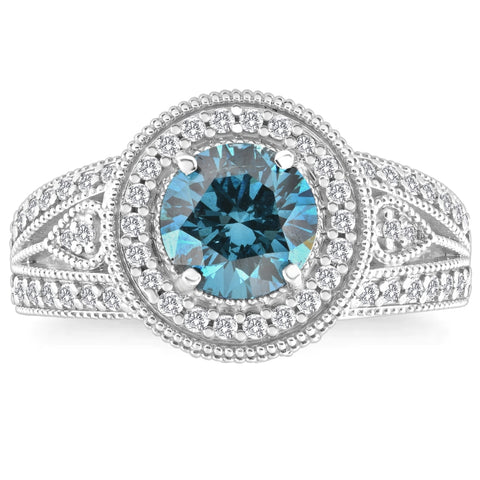 2 3/4Ct Blue & White Diamond Halo Vintage Engagement Ring 10k White Gold