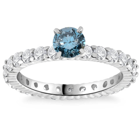 SI 1 1/3Ct Blue & White Diamond Eternity Engagement Ring 14k White Gold