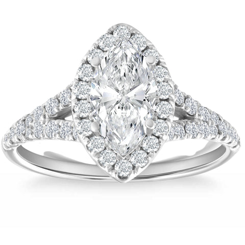 1 3/4Ct Marquise Halo Diamond Split Band Engagement Ring 14k White Gold