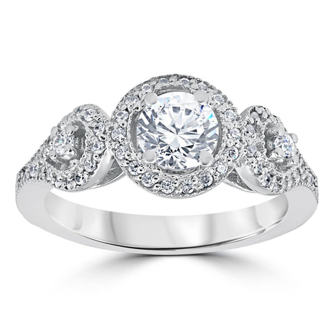 1ct Diamond Engagement Ring Three Stone Pave Halo Ring 14K White Gold