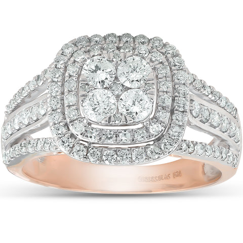 1 1/10 Ct Diamond Cushion Halo Multi Row Engagement Ring Wedding Set Rose Gold