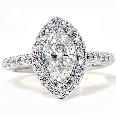 1 3/8ct Marquise Halo Diamond Ring 14K White Gold