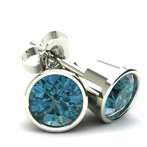 1.25Ct Round Brilliant Cut Heat Treated Blue Diamond Stud Earrings in 14K Gold Round Bezel Setting