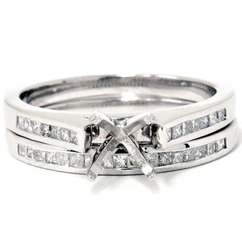 7/8ct Princess Cut Diamond Semi Mount Engagement Wedding Ring Set 14K White Gold