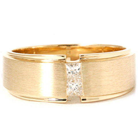 Mens Gold Princess Cut Diamond Brushed Wedding Ring