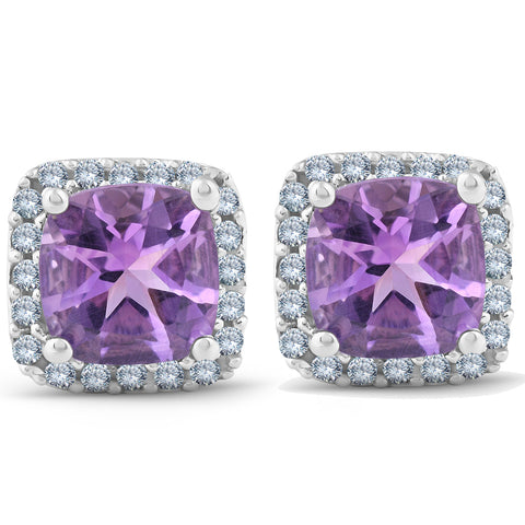 3ct Pave Halo Amethyst Studs 14K White Gold