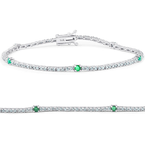 1 1/10 Ct Diamond & Genuine Green Emerald Tennis Bracelet 14k White Gold 7"