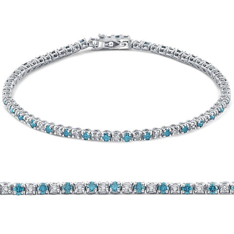 1 1/2ct Blue and White Diamond Tennis Bracelet 14K White Gold