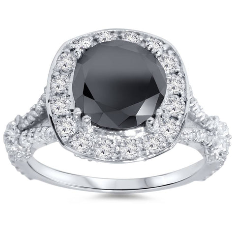 4ct Black Treated Diamond Cushion Vintage Engagement Ring 14K White Gold