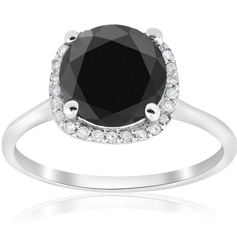 3 1/10ct Treated Black Diamond Cushion Halo Engagement Ring 14K White Gold Round