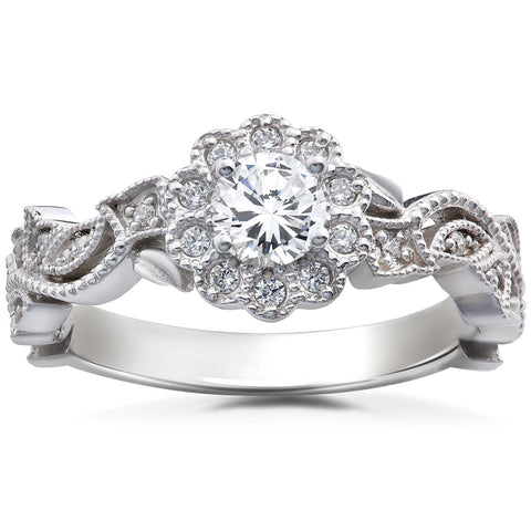 1/2 Ct Vintage Diamond Vintage Vine Halo Engagement Ring 14K White Gold