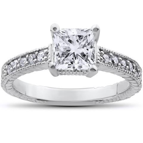 1 1/4ct Princess Cut Vintage Diamond Engagement Ring 14K White Gold Enhanced