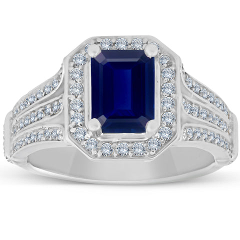 Vintage White Gold 2 ct Blue Sapphire & Diamond Halo Engagement Ring