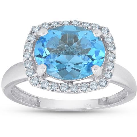 2ct Oval Blue Topaz and Natural Diamond Halo Ring 10K White Gold