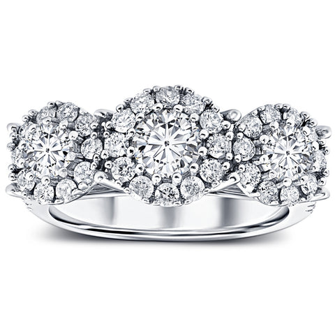 VS 1 1/2 Ct Diamond Three Stone Halo Pave Engagement Ring White Gold Lab Grown