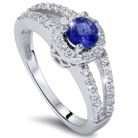 3/4ct Halo Split Shank Reak Blue Sapphire Diamond Engagement Ring 14K White Gold