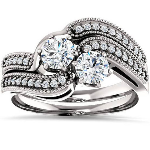 1.00Ct Two Stone Natural Diamond Forever Us Engagement Ring Set 10K White Gold