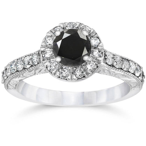 1 3/4ct Vintage Treated Black Diamond Engagement Ring 14K White Gold