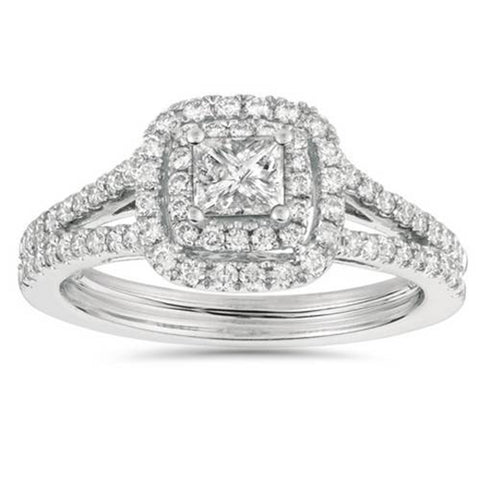 1ct Princess Cut Diamond Double Halo Engagement Ring 14K White Gold