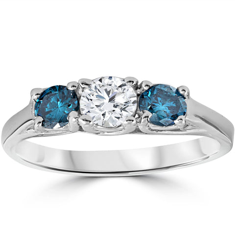 3/4ct 3 Stone Treated Blue White Diamond Trellis Engagement Ring 14K White Gold