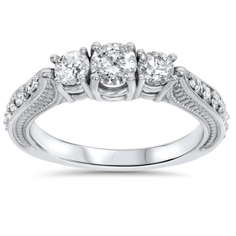 1ct 3 Stone Vintage Diamond Engagement Ring 14K White Gold