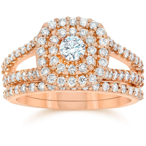 1 1/10ct Diamond Cushion Halo Engagement Wedding Ring Set 10k Rose Gold