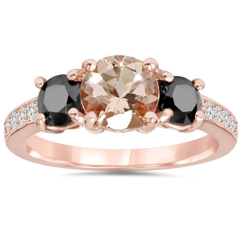 2.10Ct Morganite & Black Diamond 3 Stone Anniversary Ring 14K Rose Gold